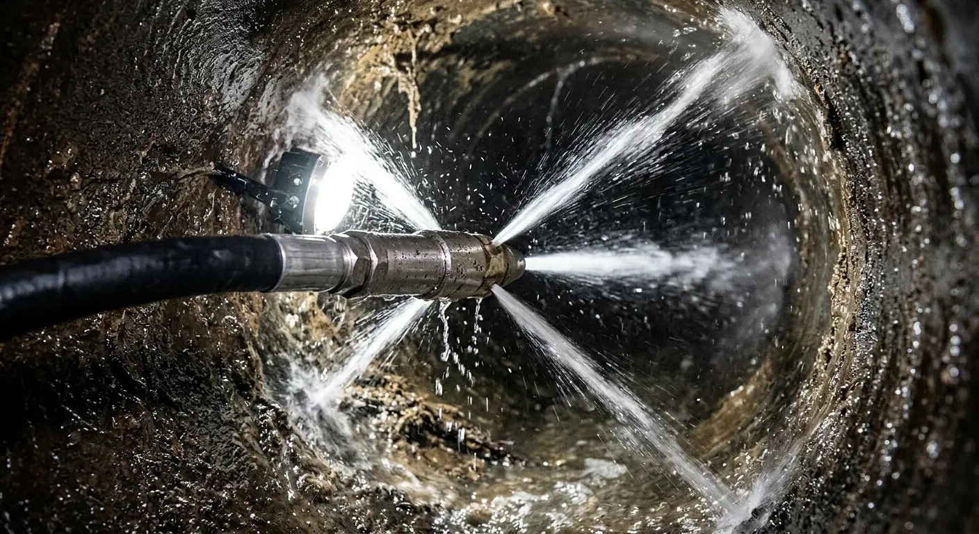 High-pressure hydro jetting nozzle cleaning sewer pipe for Emergency Drain Service in New Castle