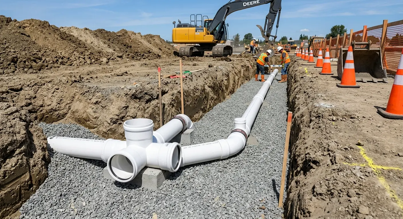 New PVC sewer pipe installation in open trench for Commercial Drain Cleaning in New Castle