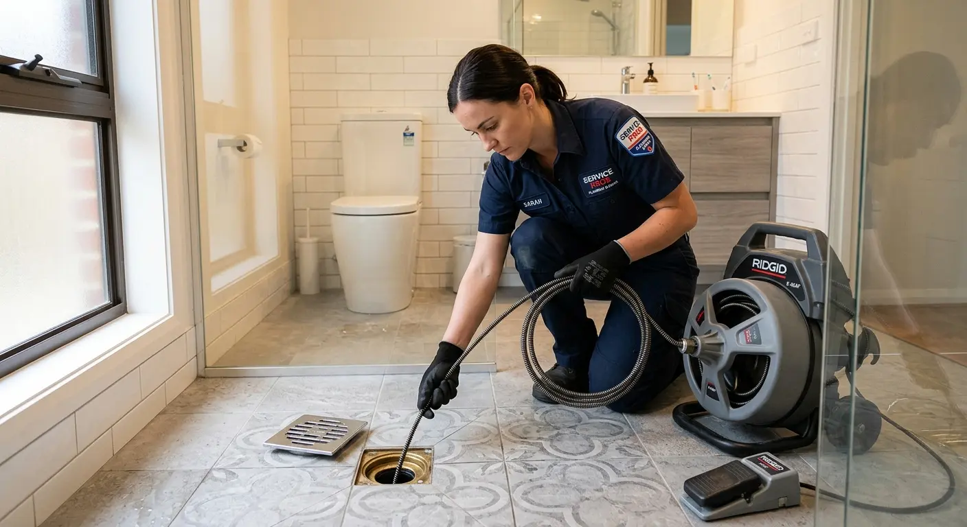 Technician clearing a bathroom floor drain for Clogged Drain Repair in New Castle